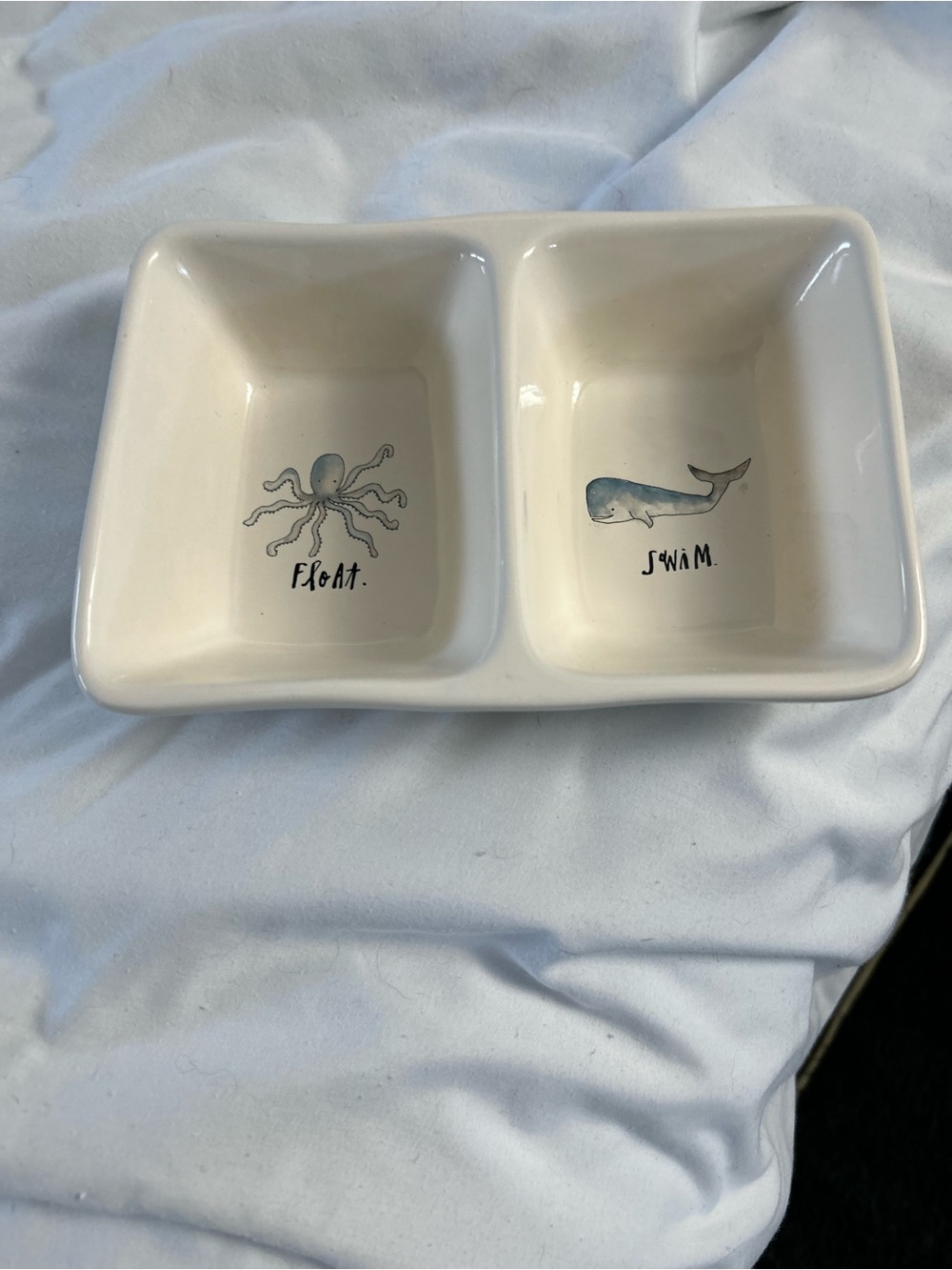 Rae Dunn Ceramic Double Dish - White with Blue Sea Creature Designs
